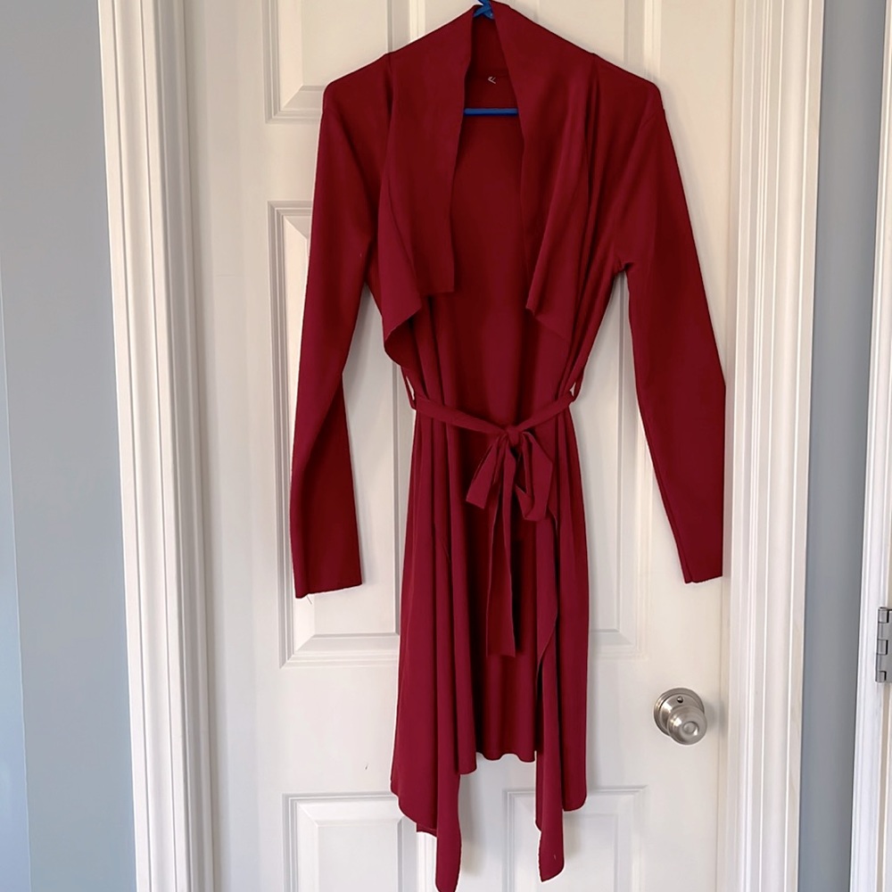 Red Open Front Sweater with Tie